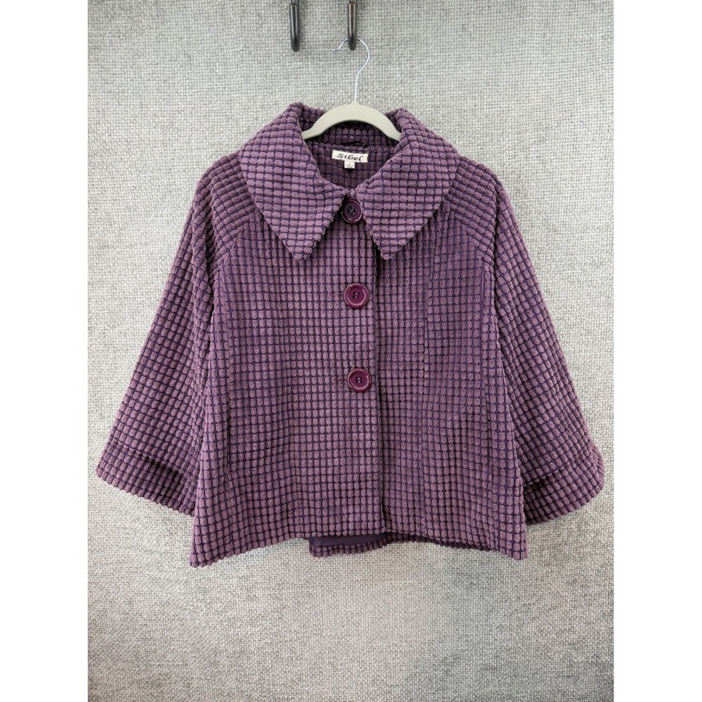 Sibel Purple Textured Popcorn Knit Button Front Jacket Wide Collar Small